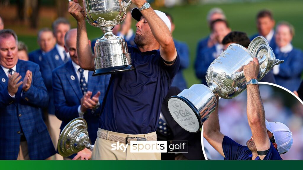 Watch hilarious moment Scheffler drops PGA Championship trophy lid!